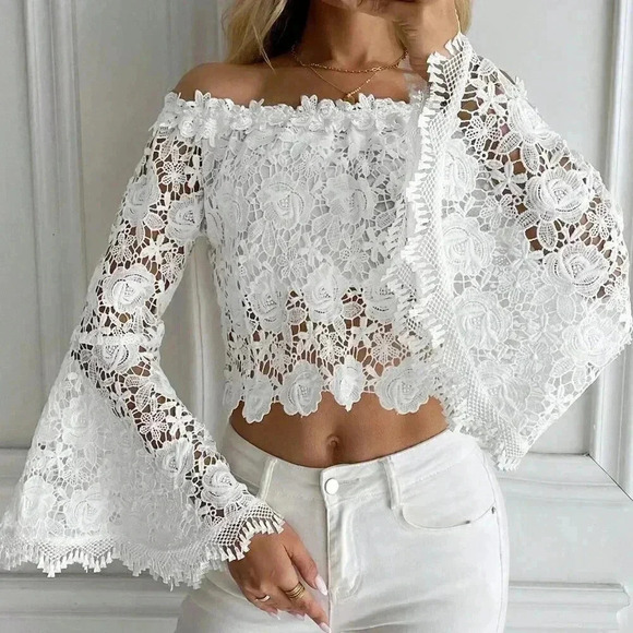 Tops - White Elegant Women's Summer Solid Color Lace Off-Shoulder Flare Sleeve Blouse